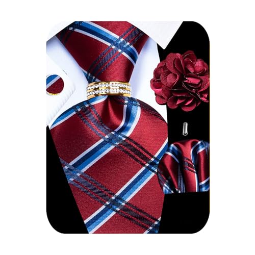 Image of 5PCS Mens Silk Designer Tie, Pocket Square, Cufflinks, Drilled Tie Ring and Lapel Pin Set for Wedding Groom Party
