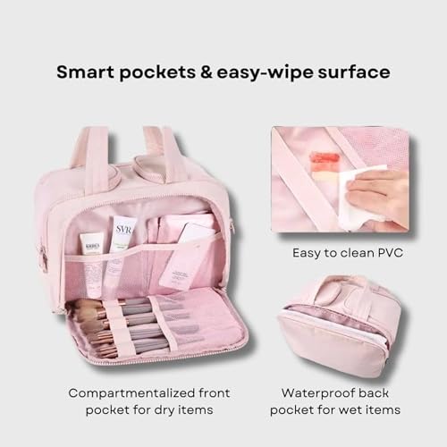 Image of Makeup Organizer Travel Bag with Wet and Dry Sections, Dual Zip compartments, top Handles, Pink