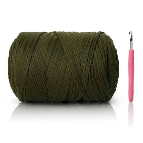 Image of 800G（228YDS） Tshirt Yarn for Crocheting，Chunky T-Shirt Yarn for Beginner Crochet Bags，Baskets，Coasters，Shoes，Clothes，DIY Crafts, Elastic Fabric Thick Hand Knitting Crochet Yarns (Olive Color)