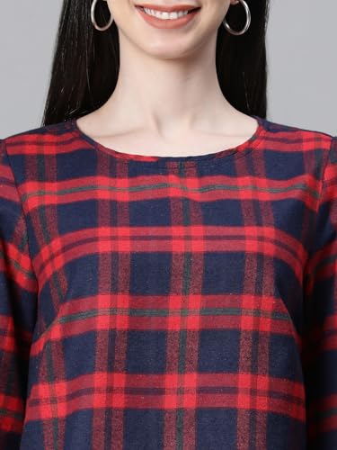 Image of oxolloxo Women Cotton Casual Tops | Regular Fit Checked Checked Round Neck |Regular Tops for Women |Navy Blue