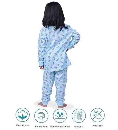 Image of Hestia | H.NSG.N.1 | Kids Girls Nightwear | Sleepwear | Cotton |Trouser Full Sleeves Tshirt | Elastic Waist |Night Dress with Pyjama Tshirts for Girls|All Over Horse Printed |Blue Color 4-6Yrs |Set 1