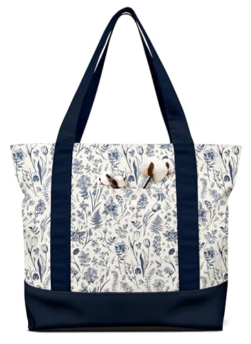 Miss Adola Bolsa de lona estética, bolsa para mujeres y niñas, tela de algodón, Flor de línea azul, Talla única