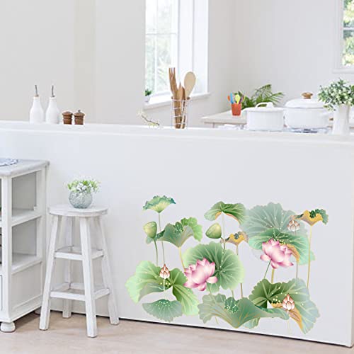Superdant 2 Sheets/Set Lotus Pattern Pvc Wall Sticker Green Plants Vinyl Wall Decal Colorful Pvc Wall Art Chinese Ink Painting Theme Wall Decals For Living Room Bedroom Dinging Room Decor 15"X27" #TOP3