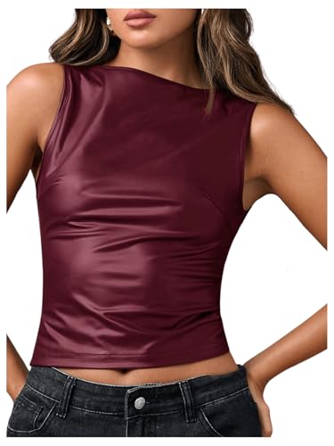 Milumia Women's Boat Neck Faux Leather Tank Top Shirt Y2k Ruched Fitted Going Out Tops