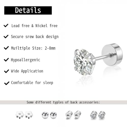 7 Pairs 20G Hypoallergenic Flat Back Earrings Studs for Women Men 2MM-8MM Surgical Stainless Steel Cubic Zirconia Earrings Studs Set for Sensitive Ears Cartilage Tragus Piercing Jewelry with 8 Ball Flat Screw Back Accessories3
