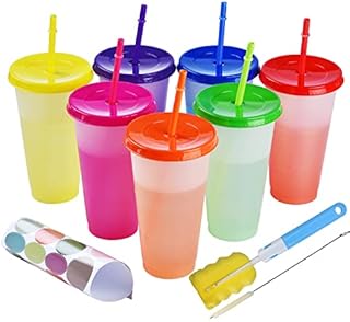 ALINK 7-Pack Color Changing Cups with Straw Lid - 24oz Large Reusable Plastic Tumblers with Lids and Straws, Smoothie Bottle Party Drinking Water Cup Cold Coffee Tumbler
