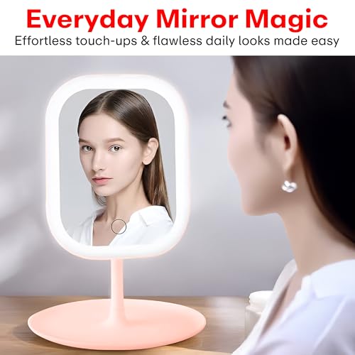 Image of Prime Pick Beauty Pro Makeup Mirror LED Light 360 Degree Rotating Vanity Mirror Lightweight Portable Tabletop Travel Mirror for Home Multipurpose Use Pink Pack of 1