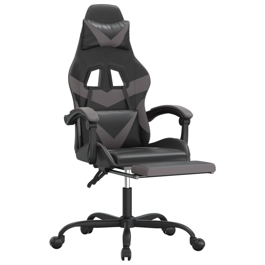 Gaming-Stuhl mit Fußstütze Schwarz Grau Kunstleder Ergonomisch Drehbar Höhe verstellbar mit Wippfunktion für Homeoffice Jugend PC Esport Komfortabel