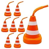 4E's Novelty 8 Pack Construction Cone Cups, 10oz Plastic Cup with Straw, Traffic Cone Cups for Boys Construction Birthday Party Supplies, Construction Party Favor for Kids