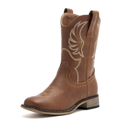 vodvob Boys Western Cowboy Boots for Toddler Square Toe Cowgirl Boots Mid Calf Riding Shoes with Zipper All Browm 10T