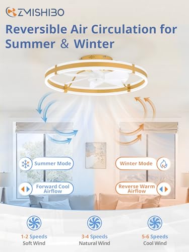 Image of ZMISHIBO 24 Inch Ceiling Fans with Lights and Remote, Modern Low Profile Ceiling Fan, 3000-6000K Dimmable Flush Mount LED Fan Light, 6 Wind Speeds, Fandelier Ceiling Fans for Bedroom- Gold