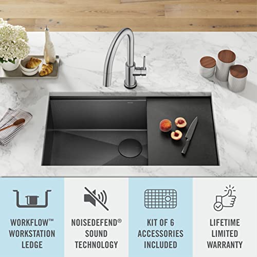 Delta-Rivet-32-Inch-Black-Stainless-Steel-Undermount-16-Gauge-Workstation-Kitchen-Sink-Single-Bowl-in-PVD-Gunmetal-Finish-with-WorkFlow-Ledge-and-Accessories-95B9031-32S-GS Delta Rivet 32 Inch Black Stainless Steel Undermount 16 Gauge Workstation Kitchen Sink Single Bowl in PVD Gunmetal Finish with WorkFlow Ledge and Accessories 95B9031 32S GS