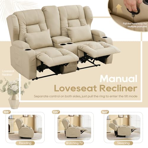 Image of IPKIG 65.3 inch RV Loveseat Recliner Sofa with Storage Console, Leathaire Fabric Wall Hugger Reclining Chair with Cup Holders and Side Pockets, Home Theater Seating Manual Recliner for Living Room (Beige)