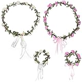 2 Sätze Blumen Stirnband,Boho Damen Mädchen Blume Haarreif Blumenstirnband Garland Festival Hochzeit Braut Brautjungfer Haarband Kopfband KinderKranz Armband(Weiß+Rosa)