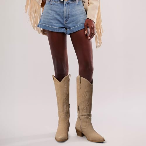 Image of Pasuot Western Cowboy Boots for Women - Knee High Wide Calf Cowgirl Boots, Slip On Pointed Toe Chunky Heel Fashion Retro Classic Pull On Tall Boot for ladies Party concert
