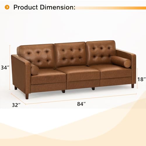 Image of 84 inch Faux Leather 3-Seat Sofa w /Two Bolster Pillows, Brown | Mid-Century Modern Sofa w /Tufted Backrest, Luxury 3-Seater Couch for Living Room, Bedroom, Office