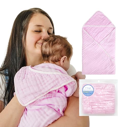 Image of L'Ange Muslin Hooded Baby Towel - Infant Bath Towel with Hood for Newborn Babies Boy or Girl - 100% Cotton - Pack of 1 - Ready to Use Medical Grade Packaging - 6 Layers - Pink - 31.5x31.5 in