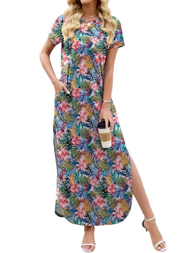 Image of Heymoments Womens Summer Maxi Dress Short Sleeve Casual Loose Long T Shirt Split Vacation Beach Sundress with Pockets