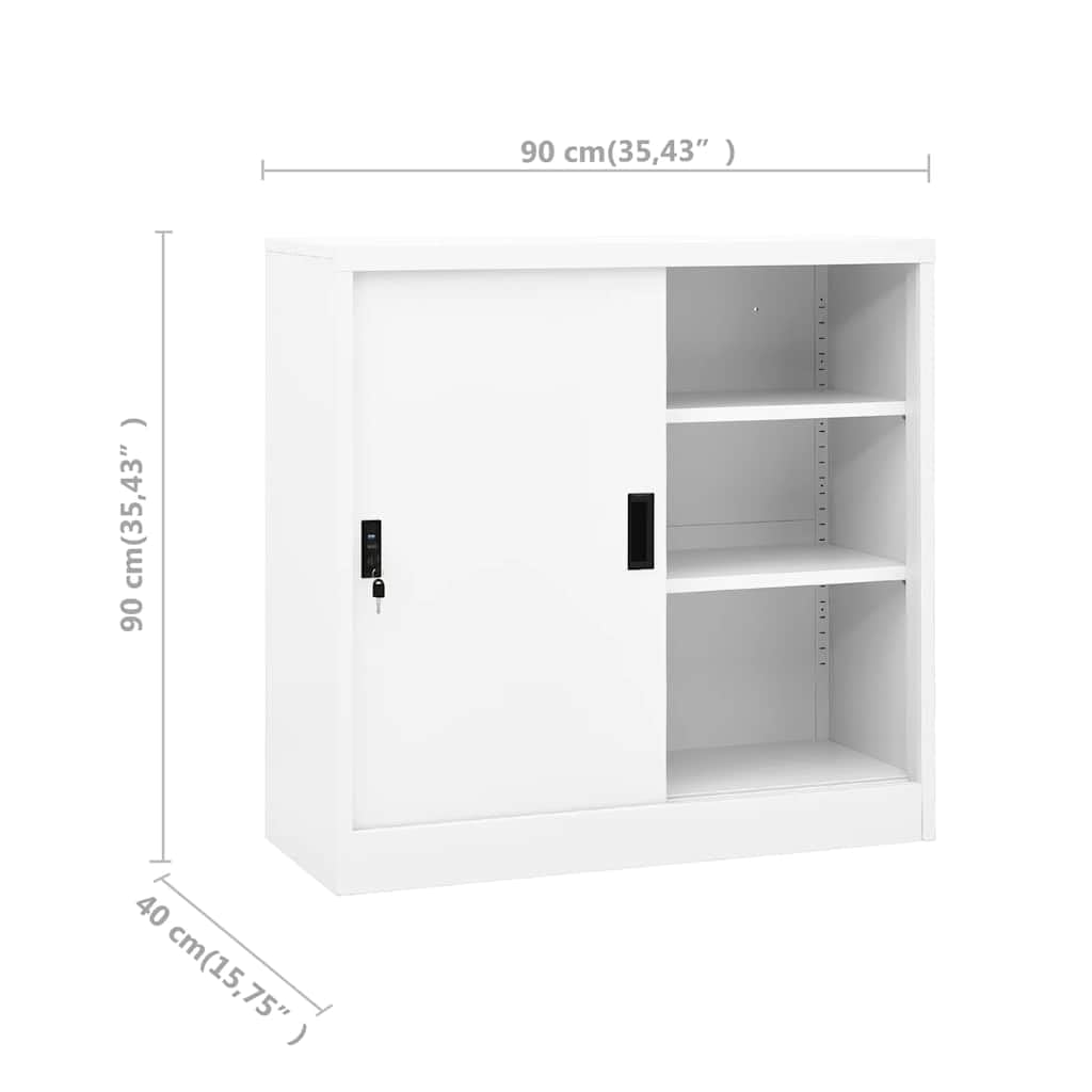 Armario de oficina con puerta corredera en color blanco, 90 x 40 x 90 cm, de acero con estantes ajustables, con cerradura, ideal para oficina, sótano, garaje, cocina, baño