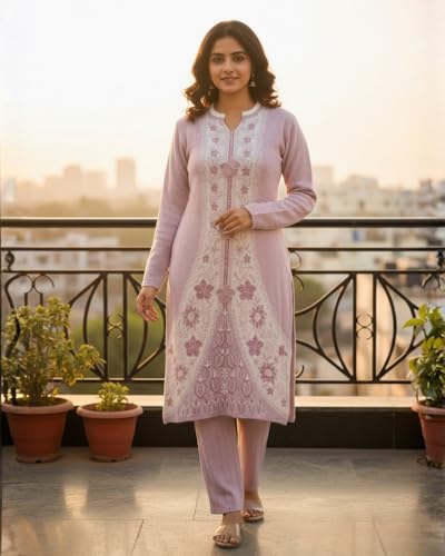 Image of KTI Full Sleeve Knee Length Floral Design Woolen Fabric 3 PC Kurti Set for Women Art NO-94164