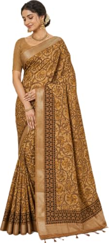 Mustard Yellow Maheshwari Silk Saree with Zari Border Elegant Bagru Printed Saree with Blouse Piece for Women