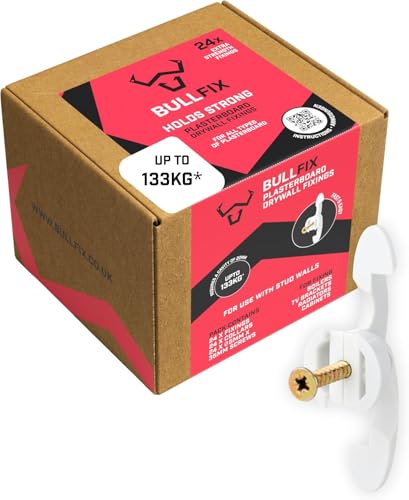 Bullfix Extra Plasterboard Fixings Heavy Duty Pack - 24 Pack, Drywall Anchor for Insulated Plasterboard, Stud & Hollow Cavity Wall Anchor Kit with Screws, Holds up to 133kg
