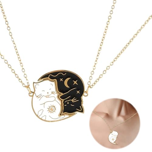 Mrltau 2-Piece Stainless Steel BFF Necklaces for 2 Black & White Cat Friendship Necklaces for Female Best Friends