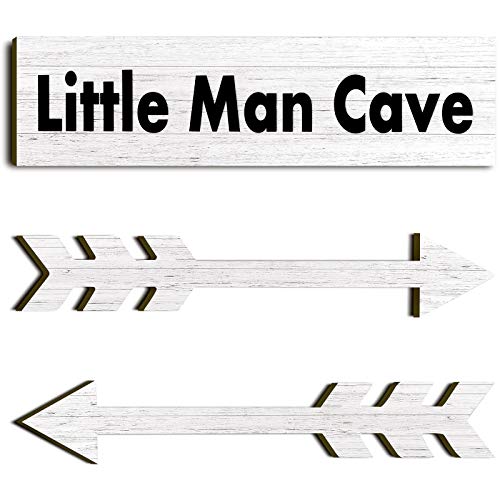 Image of 3 Pieces Little Man Cave Wood Sign Decor Toddler Boys Room Wood Wall Art Sign 15 x 4 x 0.2 Rustic Boys Nursery Wall Sign Decor Farmhouse Wooden Arrow Sign for Baby Home Bedroom Living Room (White)