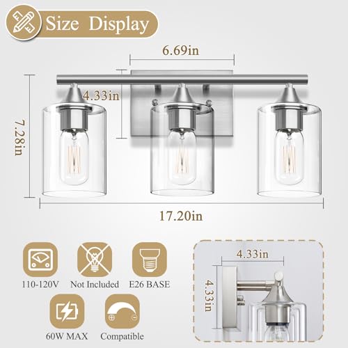 Image of 3-Light Bathroom Light Fixtures,Brushed Nickel Vanity Light,Modern Bathroom Lighting Fixtures Over Mirror,Wall Lighting Sconces for Mirror Bedroom Living Room Vanity Table Hallway