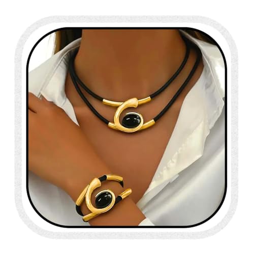 Fashband Goldfarbenes Halsketten-Set im Boho-Stil, doppellagiger Anhänger, Halskette, Armband, Vintage-Stil, Modeschmuck für Damen, Einheitsgröße, /, Kein edelstein