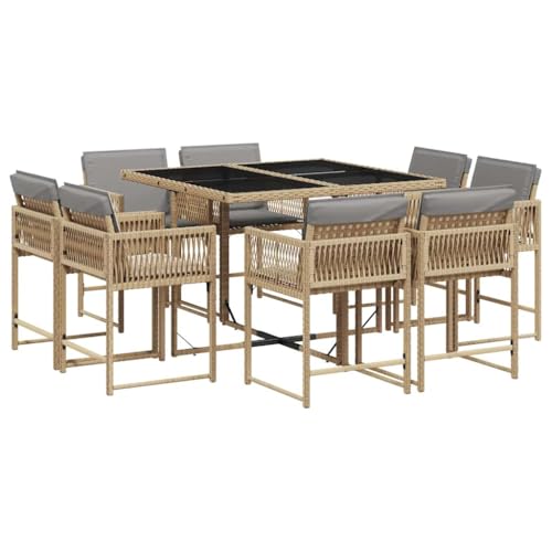 QJBSAVVA Salon de jardin 9 pièces avec coussins en rotin synthétique - Design cube - Table à manger avec plateau en verre et 8 fauteuils de jardin pour...