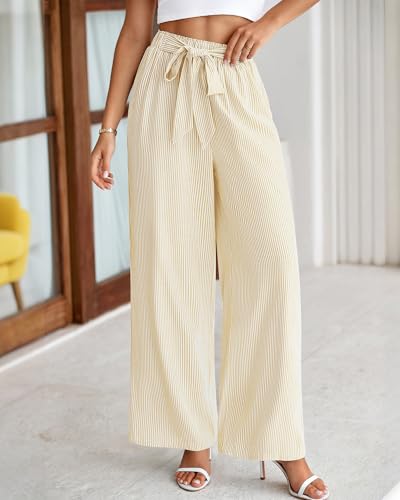 Image of BTFBM Pants for Women 2026 Spring Clothes Striped High Waist Tie Knot Dressy Casual Wide Leg Palazzo Work Trousers Pants
