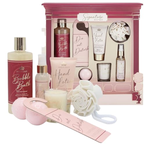 Spa Gift Set - Signature And Bubble Boutique Luxury Bath Gift Set - Relaxing Bath Gift Sets For Women - Bath Bombs, Bubble Bath, Hand Lotion, Body Mist, Candles Mothers Day Gifts