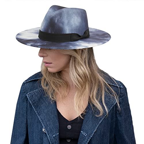 Women's Classic Wide Flat Brim Panama Hat Wool Fedora Hat (TIE-DYE Blue)