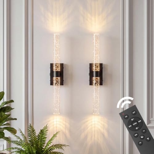 Image of Battery Operated Wall Sconces Set of 2, 20000mAh Rechargeable Wall Light | Remote Control,3000K-6000K Dimmable LED Wireless Sconces,Black,20.9 Inch