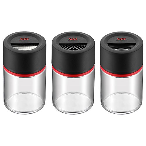 Silit Storio Gewürzstreuer Set 3-teilig, 100ml, Gewürzdose, Gewürzstreuer, Gewürzglas, Glas, Kunststoff, spülmaschinengeeignet, Schwarz, Rot