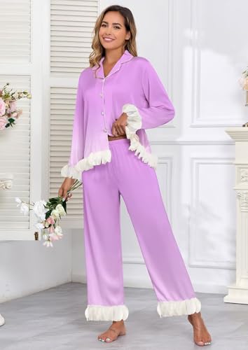 Image of Brosloth Womens Silk Pajamas Set Long Sleeve Satin Button Up Sleepwear | Cute Soft Fall Pjs Sets, Lace 2 Piece Lounge Set, Elegant Bridesmaid Pajama, Skin Friendly Sleepwear for Wedding, Honeymoon
