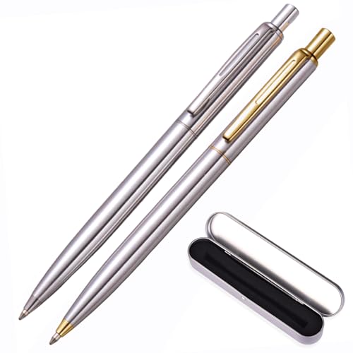 atokiss 2 PCS Stainless Steel Metal Retractable Ballpoint Pens, 1.0mm Medium Point Blue Ink Smooth Writing,Nice Gift for Business Office Teacher Student Wedding
