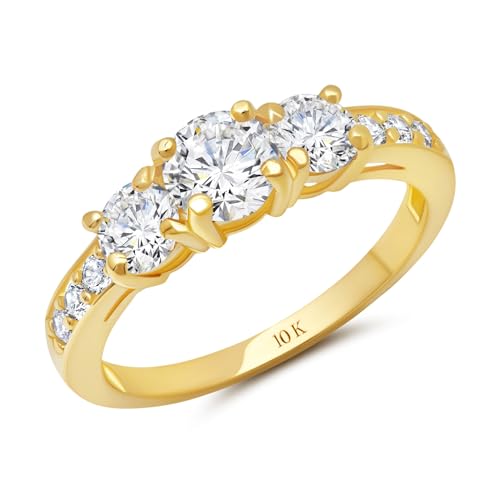 MAX + STONE 1 Carat Cubic Zirconia Engagement or Anniversary Eternity Three Stone Ring for Women in 10k White or Yellow Gold (1.0 ct.tw) Size 4.5 to 9
