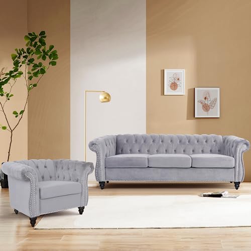 Image of QHITTY 2 Piece Living Room Set, Sectional Chesterfield Sofa Chair Contemporary Upholstered Velvet Loveseat Couch Sets for Living Room, Bedroom, Office