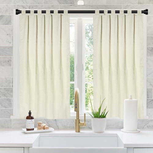 MORE FREE-Cortina Cocina de Estilo Español con Tirantes,Tela Opaca Máxima Privacidad para Comedor,50% Algodón 50% Poliester Beige Puntos 90x145cm 2 Paneles