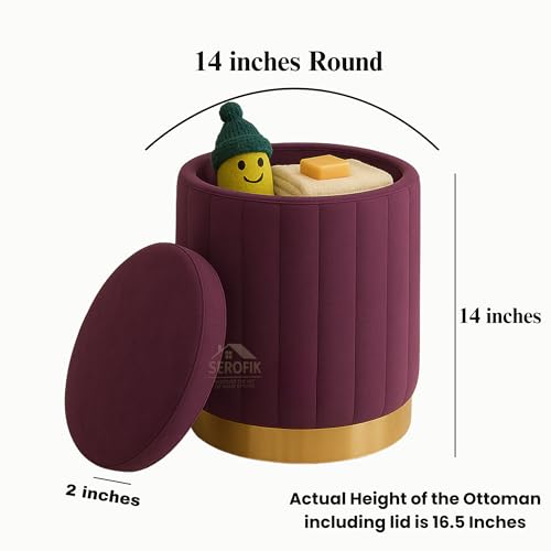 Image of Ottoman Sitting Stool with Storage, Round Dutch Velvet Cover Memory Foam Padded 32L Capacity Ottoman Bench Footrest, Pouffe, Office Stool, Makeup Chair, Vanity Chair for Living Room, Bedroom