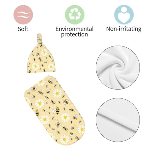 Image of Lcokin Cute Bee Baby Stuff Swaddle Blanket with Beanie Hat for Boys and Girls, Newborn Receiving Blanket Shower Gift