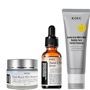 KOEC Snail Mucin 92% Moisturizer, Vitamin C Face Serum, Amino Acid White Mud Facial Cleanser, 3-Piece Skincare Set| Deep moisturizing, gentle cleansing | Suitable for all skin types