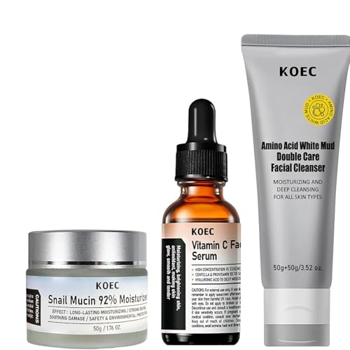 KOEC Snail Mucin 92% Moisturizer, Vitamin C Face Serum, Amino Acid White Mud Facial Cleanser, 3-Piece Skincare Set| Deep moisturizing, gentle cleansing | Suitable for all skin types