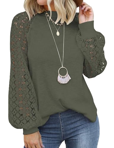 Zeagoo - Blusa elegante para mujer con mangas de encaje, cuello redondo, mangas abullonadas, manga larga, casual, raglán, con encaje, para otoño, blusa, camisa, túnica, top, Verde militar., L
