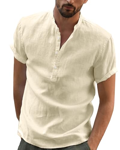 YAOBAOLE Chemisette Homme Manche Courte Chemise en Lin pour Hommes Chemises Col Mao pour Hommes Chemise Été Vetement Homme Kaki L