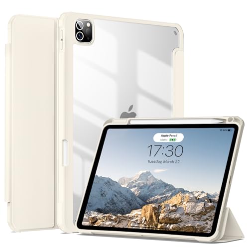 JKSML Case for iPad Pro 11 Inch 4th/3rd/2nd Generation 2022/2021/2020, Transparent Protective Cover with Right Side Pencil Holder, Supports Pencil 2 Charging, Cream White