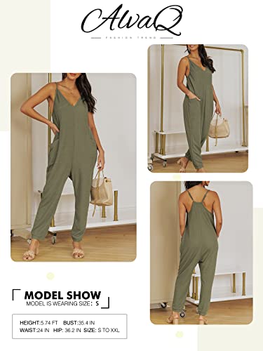 Alvaq Casual Green Jumpsuits For Women Dressy Sleeveless Adjustable Spaghetti Strap Loose Solid One Piece Long Pant Romper Jumpsuit With Pockets Medium #TOP4