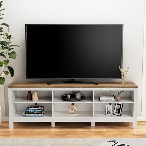 BVIUNTWO White TV Stand for TVs up to 75 Inch,Entertainment Center for 65+ inch TV Console Table with 6 Storage Cubby, Classic Television Stands for Living Room Bedroom, 70 Inch